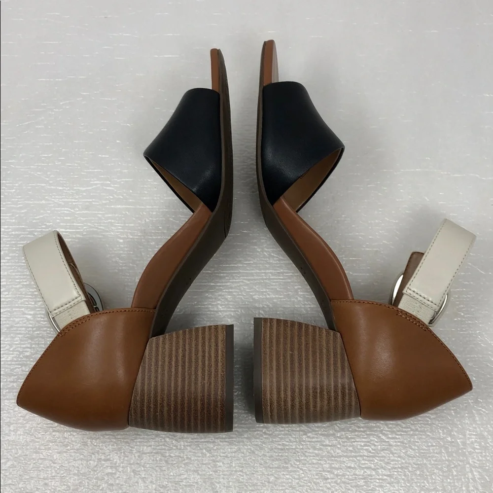 NEW Vionic Heels Chardonnay Tan Black Cream Leather Block Heel Adjustable Strap - Picture 5 of 13